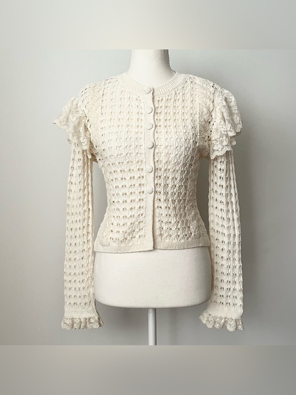 Zara Women's Open Knit Crochet Cardigan Sweater Lace Trim Ivory Size S Cottage